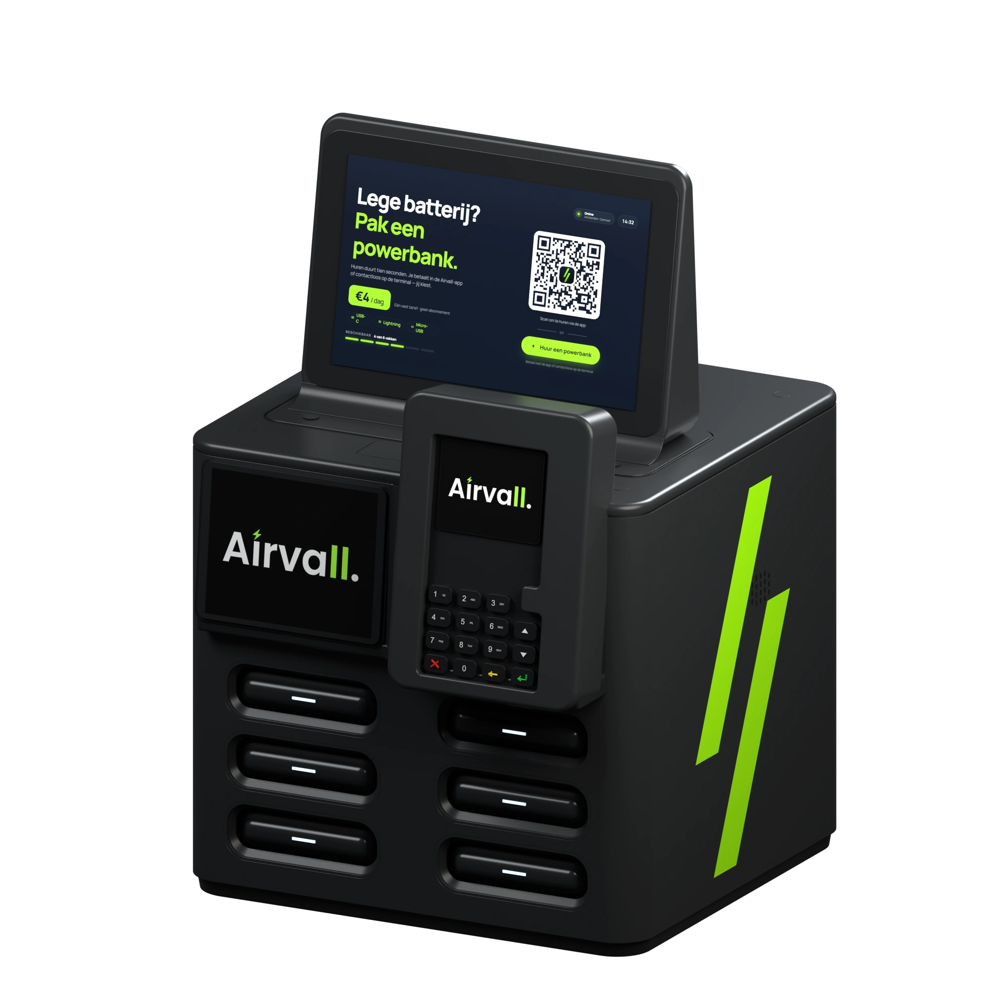 Airvall terminal with six slots, the payment terminal and the rental screen