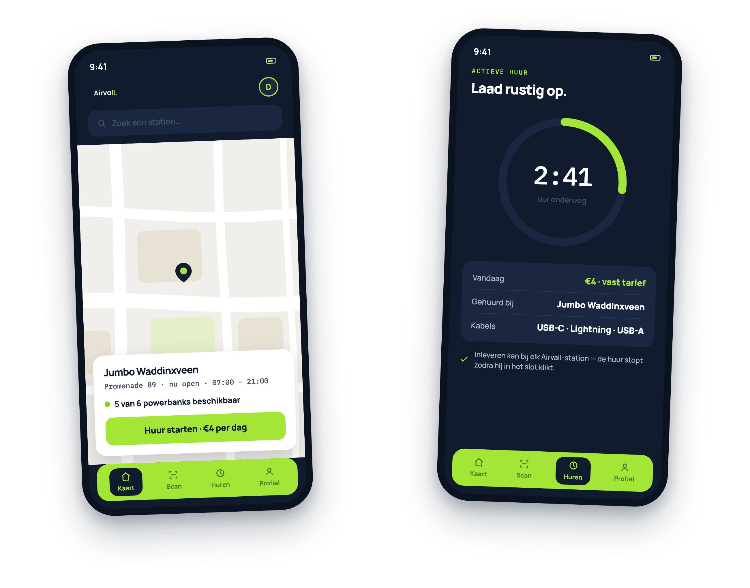 Twee app-schermen: de kaart met het station bij Jumbo Waddinxveen, en een actieve huur met het vaste dagtarief van €4.