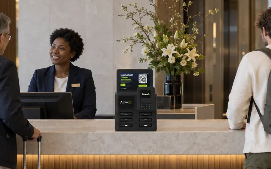 Sfeerbeeld: een Airvall-terminal op de receptiebalie van een hotel
