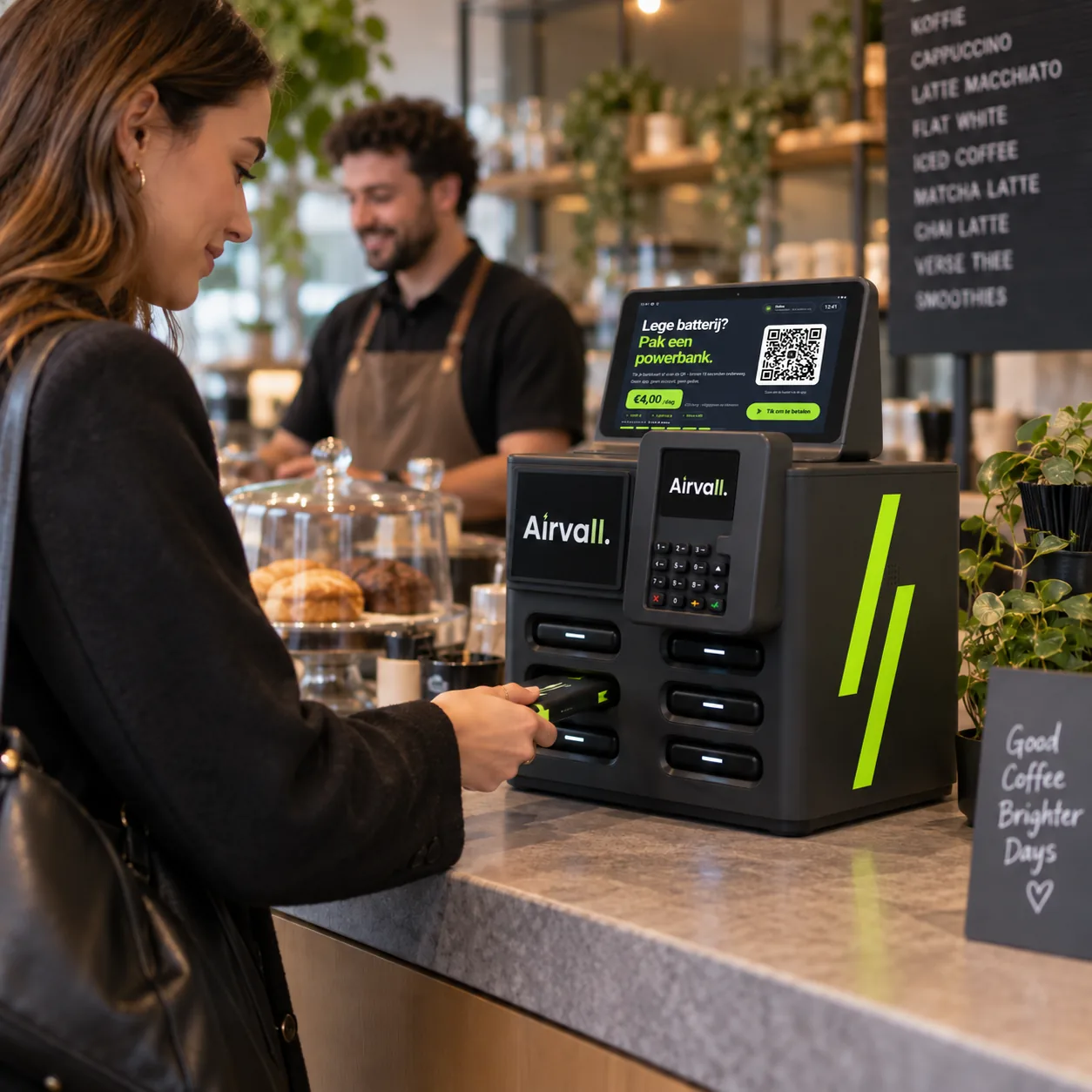 Airvall terminal on the counter of a coffee bar: a guest takes a power bank from a slot while the owner stands in the background.